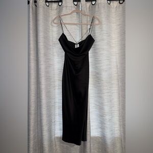 Scoop neck satin black midi dress with jewel lace up back